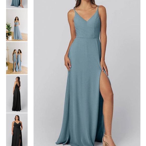 Kennedy Blue Dresses & Skirts - Spaghetti Strap Slate Blue V-Neck Wedding Dress with High Slit